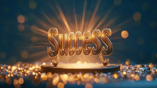 A stylized "success" word, crafted from shimmering gold letters, rests on a podium, its edges radiating outwards like rays of triumph, signifying achievement and accomplishment.