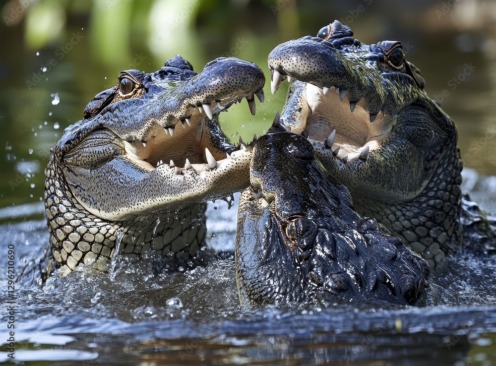 Poster three crocodiles in water displaying fierce interaction with open mouths showcasing sharp teeth and 