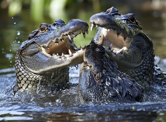 Obraz premium Three crocodiles in water displaying fierce interaction with open mouths showcasing sharp teeth and powerful jaws in a natural aquatic habitat.