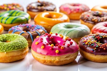 Delicious Donut Collage: Tempting Glazed & Sprinkled Treats on White