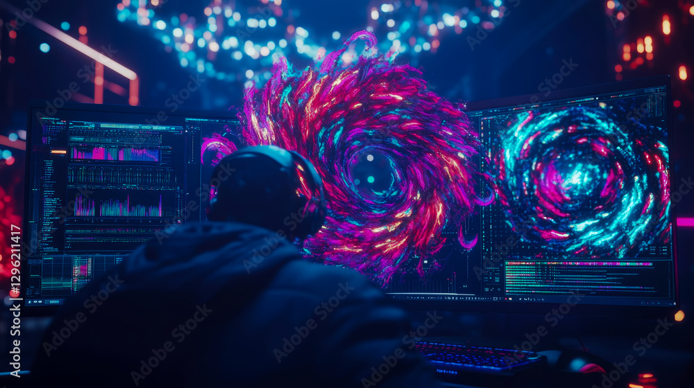 Poster digital artist at work on abstract software simulation