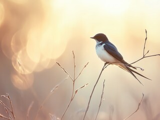 Minimalistic close up of a swallow perched on a branch in soft sunrise light