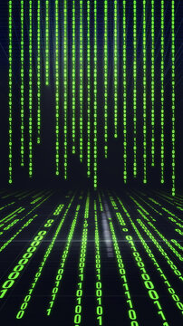 Green binary code flowing in vertical streams, showcasing a futuristic, digital world representing technology, data processing, and digital communication.