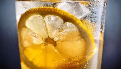 Macro frosty lemonade: chilled glass, condensation, ice cubes.  Refreshing, cool drink.