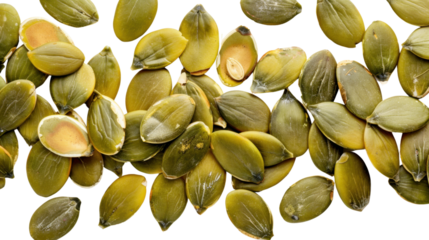 Pumpkin seeds falling on transparent background