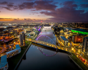 Aerial Clyde river Glasgow with Arc brdige, armadillo convention center and millenium