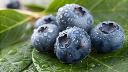 A close-up of fresh, dewy blueberries resting on a leaf, capturing their natural shine and plumpness