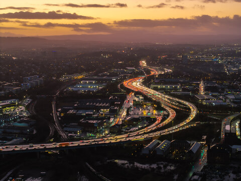 Night aerial traffic jam rush hour highway junction Glasgow Scotland