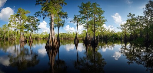 Obraz premium Tranquil Reflection of Cypress Trees Under Blue Sky in Lush Wetland Landscape with Calm Water Surface and Dramatic Cloud Patterns