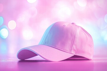 Fototapeta premium Stylish Pink Cap on a Vibrant Background with Colorful Bokeh Effect