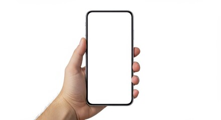 Hand holding smartphone, blank white screen, modern device, isolated on white background, close-up, realistic, studio lighting, high resolution, minimalist