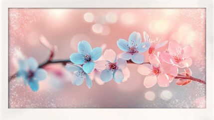Delicate pink and blue blossoms, soft bokeh background, spring nature. Stock photo for floral, nature, and spring themes