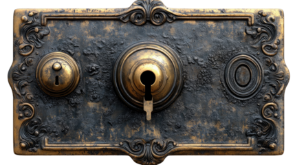 Antique Lock: An ornate, antique lock with intricate details, showcasing the craftsmanship of a bygone era. Featuring keyhole and key. 