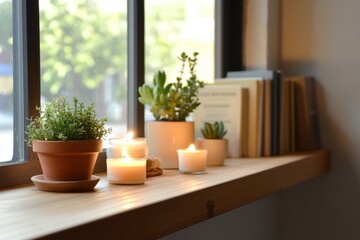 Fototapeta premium Cozy minimalist shelf with beeswax candles and potted plants in sunlit space