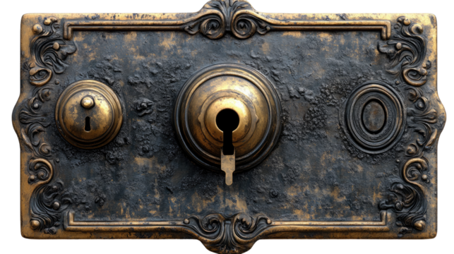 Antique Lock: An ornate, antique lock with intricate details, showcasing the craftsmanship of a bygone era. Featuring keyhole and key. 
