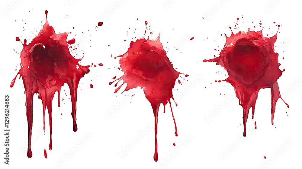 Poster splattered crimson: three splashes of vibrant crimson paint, each with unique drip patterns and text