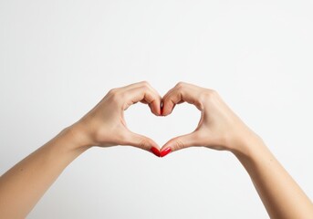 Fototapeta premium hands forming heart shape, feminine, manicured nails with red polish, pale skin tone, white background, love symbol, gesture of affection, minimalist
