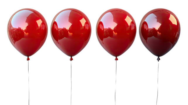 Crimson Ascension: Four elegant red balloons ascend, their glossy surfaces reflecting a soft light, symbolizing celebration and anticipation.