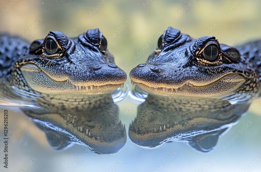 Poster two alligator snapping turtles facing each other in clear water with beautiful reflection and soft b