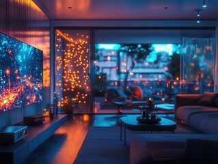 A family gathering in a smart home with glowing holographic decorations and neon-lit entertainment systems, Technology, 3D Render, Warm and cozy