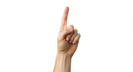 Naklejka premium Human hand, caucasian skin tone, single raised index finger, pointing upward, neutral background, studio lighting, detailed skin texture, realistic