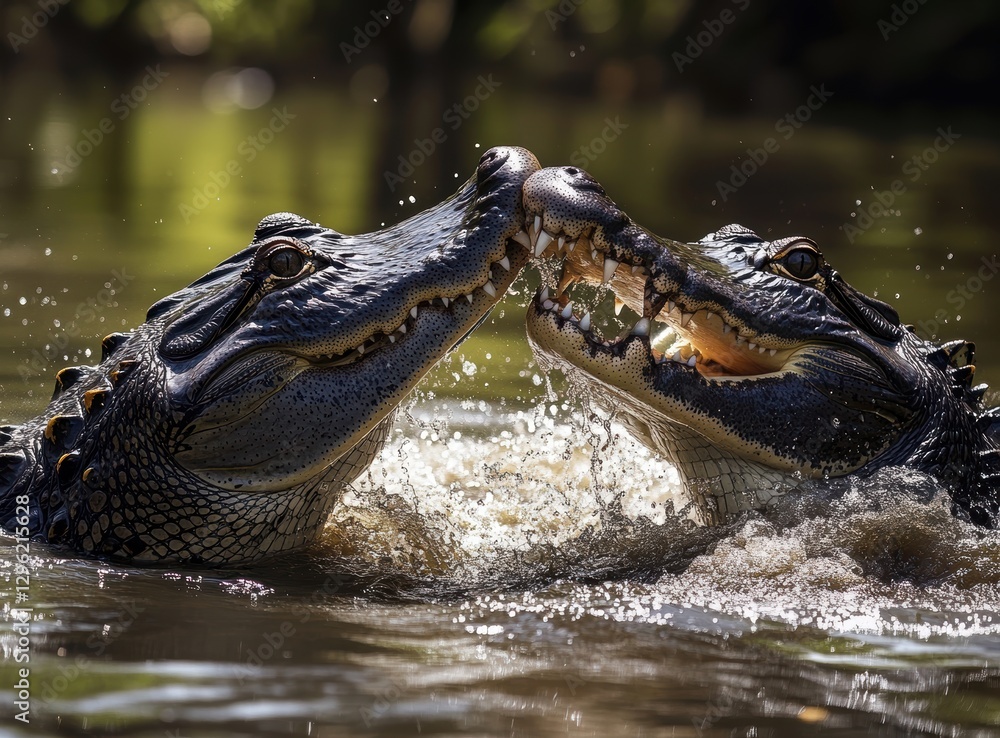 Poster two alligators engaging in a playful interaction in a serene wetland environment with natural backgr