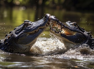 Obraz premium Two Alligators Engaging in a Playful Interaction in a Serene Wetland Environment with Natural Background and Vibrant Water Splashes