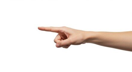 Hand gesture, pointing upward, isolated on white background, close-up, single finger extended, human skin texture, studio lighting, minimalist composition