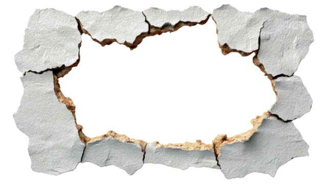 Broken Frame: An abstract close-up view showcases a broken frame with cracked plaster, revealing the textured surface and a space for artistic expression.