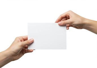 Obraz premium Hand holding blank paper, close-up, minimalist, white background, clean composition, simple gesture, communication concept, empty message
