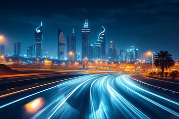 Night cityscape with towering skyscrapers and streaks of light from moving traffic, captured with long exposure. Perfect backdrop for automotive advertisements and urban development themes.