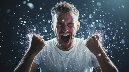 A triumphant male model, his eyes sparkling with pure joy and exhilaration, celebrates his victory with a dynamic, energetic pose that captures the raw emotion of victory.