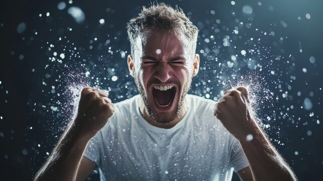 A triumphant male model, his eyes sparkling with pure joy and exhilaration, celebrates his victory with a dynamic, energetic pose that captures the raw emotion of victory.