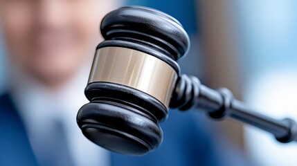 A judges gavel on a wooden bench surrounded by legal documents and books in an elegant courthouse setting