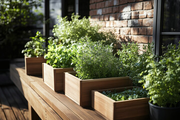 Garden herbs growing in planters