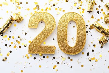 Glittery Gold Number Twenty with Confetti and Party Favors
