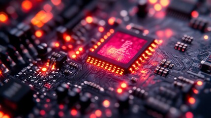 3d rendered futuristic server with printed circuit board design – advanced code processing on vibrant orange, green & blue technology background with bokeh effects