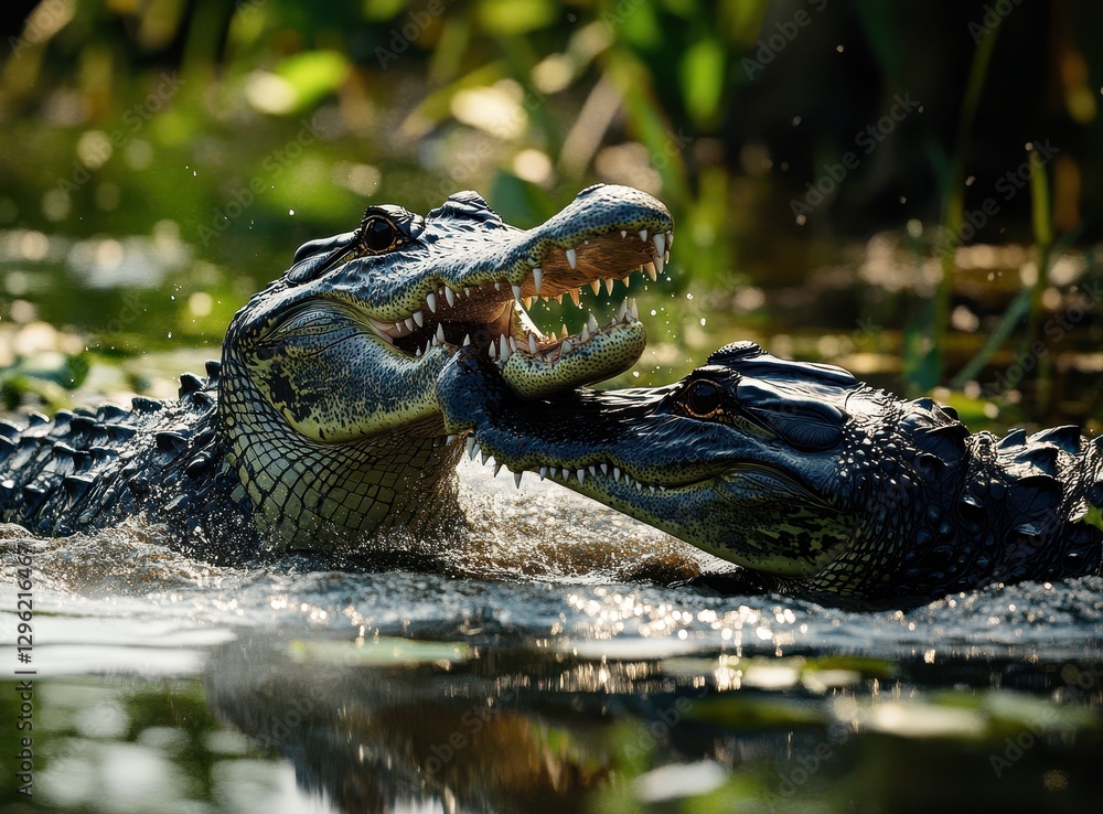 Poster two alligators in a dynamic struggle in a lush wetland environment surrounded by greenery and reflec