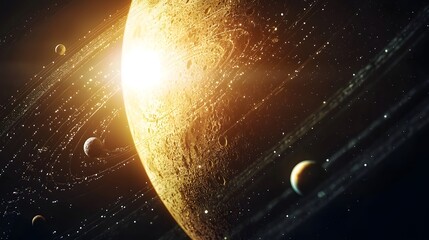 Glowing solar system with planets of various sizes and colors orbiting the radiant and luminous sun in a cosmic space background filled with stars nebulae and other celestial objects