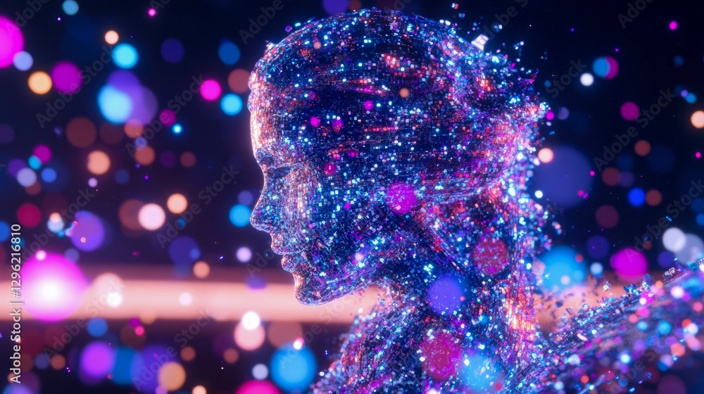 Poster digital persona: fragmented identity, glowing profile - conceptual ai avatar with data point illumin