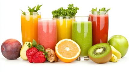 Fototapeta premium Colorful Fresh Juices and Fruits Displayed on White Background with Greenery for Healthy Lifestyle Concept