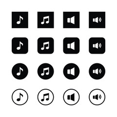 Minimalist audio icons, black and white, music
notes, speaker symbols, volume indicators,
simple geometric shapes, clean design, user
interface elements, vector graphics, square and
circular