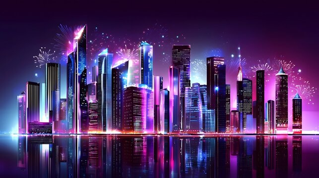 Breathtaking nighttime cityscape featuring a modern vibrant skyline of towering skyscrapers and high rise buildings with a dazzling display of colorful fireworks erupting in the sky above the serene