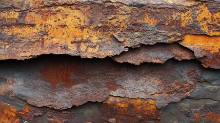 A weathered iron surface covered in deep rust, flaking off in layers, revealing corroded metal.
