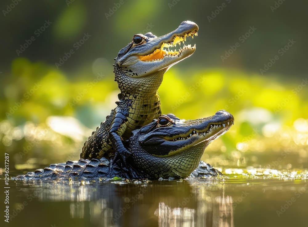Poster two alligators resting in a calm water environment surrounded by lush greenery and soft sunlight, cr