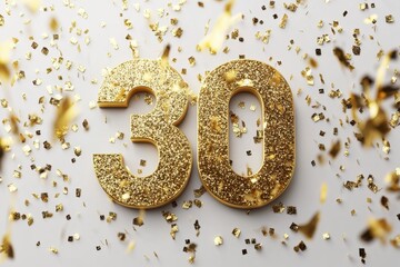 Shiny Gold Glitter 30 Celebration Number with Confetti Background