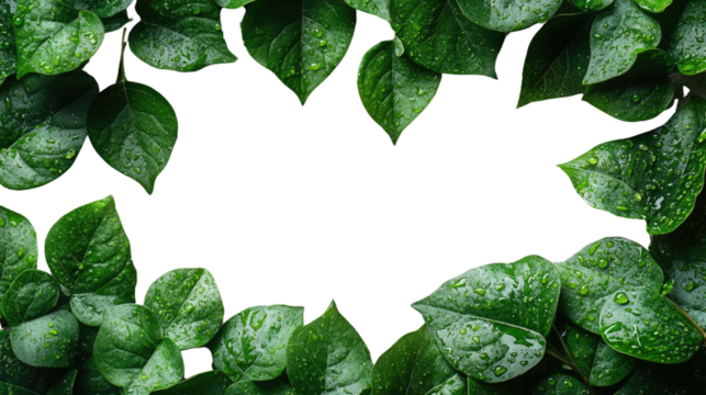 Nature's Frame: A vibrant collection of fresh green leaves forming a natural border or frame, perfect for showcasing text or imagery. Each leaf glistens with tiny water droplets.