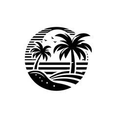Beach landscape logo with palm tree vector black and white