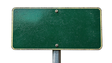 Empty Green Sign: A weathered, blank green sign, mounted on a metal post, ready to display a message, standing as a symbol of potential and communication.