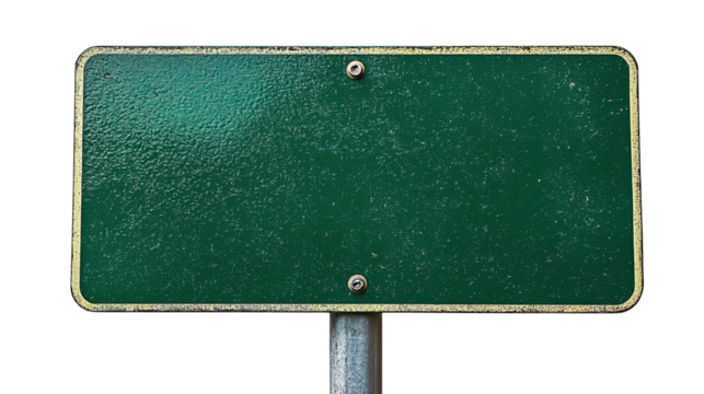 Empty Green Sign: A weathered, blank green sign, mounted on a metal post, ready to display a message, standing as a symbol of potential and communication.